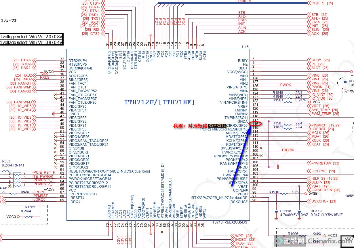 求助:io 芯片it 8712f/ rsmrst#是对地短路
