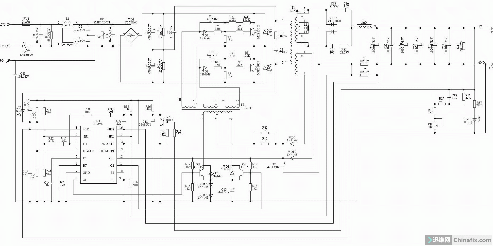 注册x 下图是一个很常见的开关电源的电路图,tl494的12脚供电脚经过一