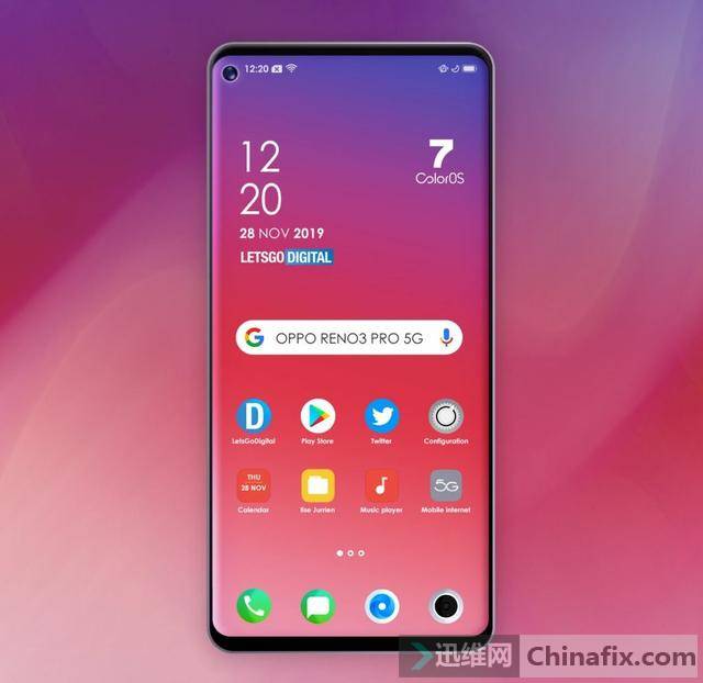 opporeno35g正面渲染图曝光:将采用挖孔屏