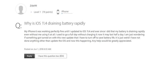 你遇到了吗?用户吐槽升苹果iOS 11.4后手机耗